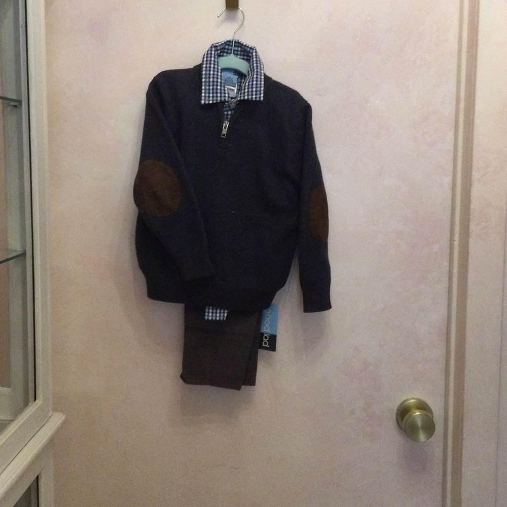 Boys Navy Half-Zip Sweater with Elbow Patches , plaid shirt and gray cords
